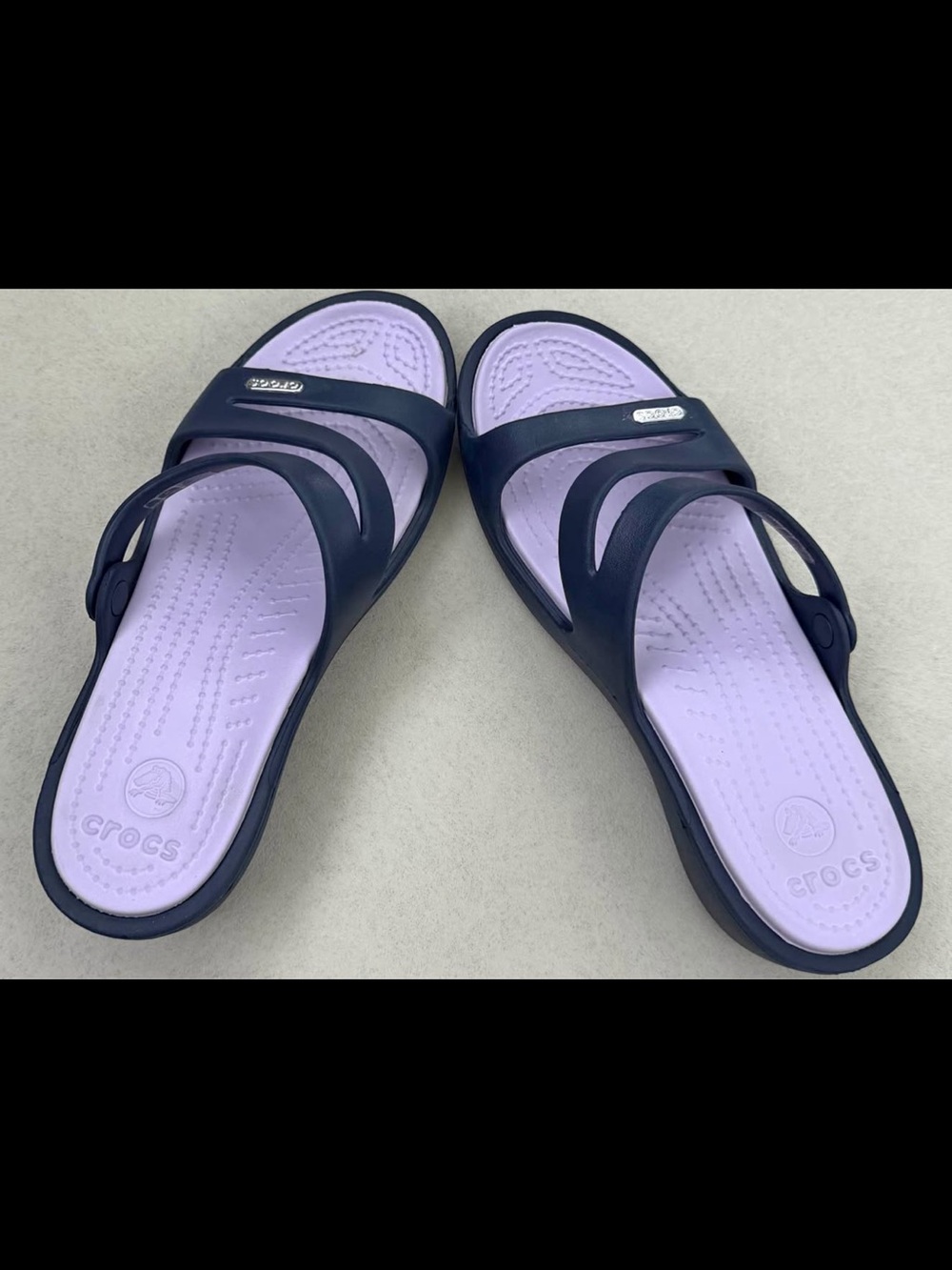 CROCS Women's Navy and Lavender Double-Strap Slide Sandals - Picture 4 of 5